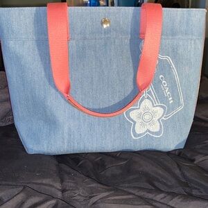Coach Washed Denim Tote Bag with Floral Hangtag Graphic NWOT